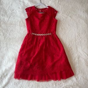 Like New, Girls Red lace, sleeveless dress with jewel & satin waist tie, Sz 12